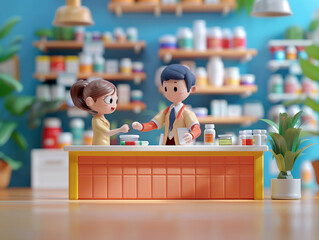 A detailed 3D model of a pharmacy counter with a pharmacist handing over a prescription to a patient emphasizing the role of medication in treatment