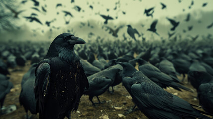 A large flock of huge black crows against a desert landscape under a gloomy gray sky. Alternative reality, apocalypse - Powered by Adobe