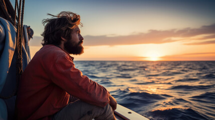 Man on yacht near sea coast at sunset.