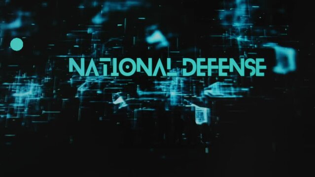 National Defense inscription on black background with holograms. Graphic presentation with silhouettes of armed soldiers. Military concept