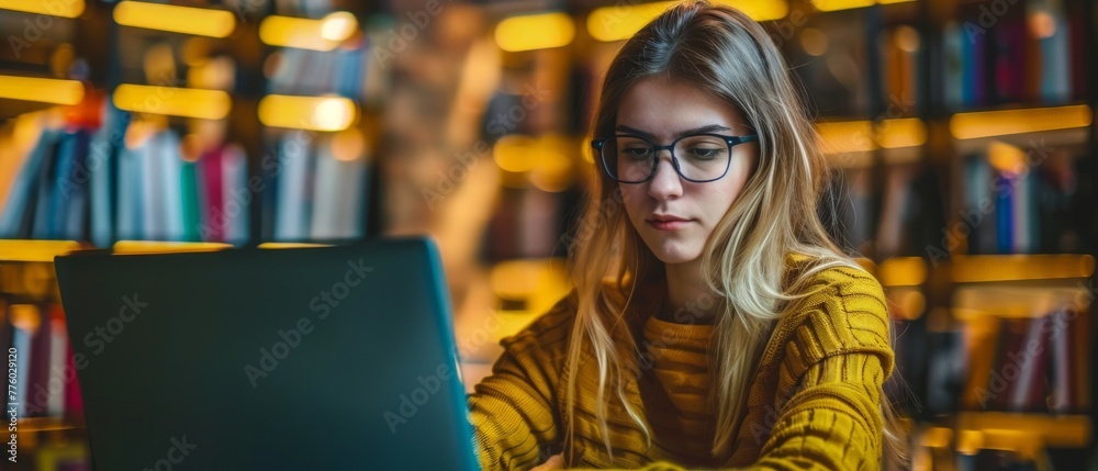 Aufkleber Using a netbook to learn language in online courses, e-learning education concept, webinar learning, video tutorials, internet lessons, young woman