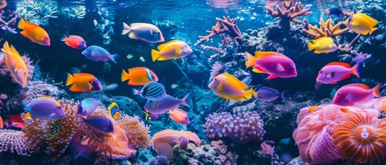 Tropical sea underwater fishes on coral reef. Aquarium oceanarium wildlife colorful marine panorama landscape nature snorkeling