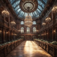 Fototapeta na wymiar A grand ballroom with opulent chandeliers, rich wooden paneling, and a lavish ceiling dome, evoking elegance and history