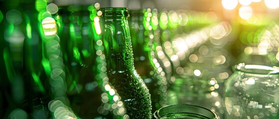 Rows of capped green glass beer bottles on a factory production line, blurred background with warm bokeh lights.