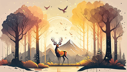 Nature Scene: Deer Amidst Mountain and Lake Landscape