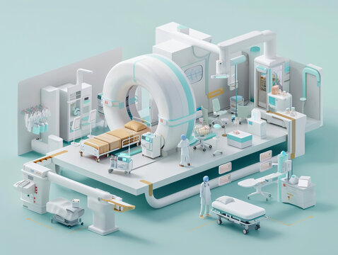 A 3D visualization of a patients journey through a hospital from admission to treatment using arrows and icons to guide through the healthcare process