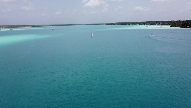 Drone view of a beautiful sea in Bacalar, Mexico on a sunny day