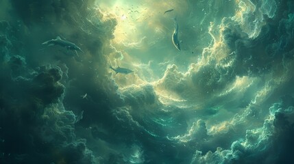 Fantasy fusion: Ethereal fish floating amidst the clouds above as birds navigate the mysterious depths below.