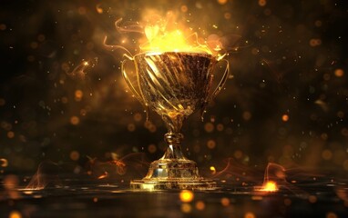 A magnificent golden trophy is engulfed in a brilliant burst of light and sparks, representing the fiery passion and intensity of a hard-won triumph.