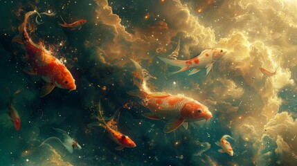 Imaginative surrealism: Fish gracefully swimming through the celestial sky above while birds elegantly explore the aquatic depths below. - obrazy, fototapety, plakaty