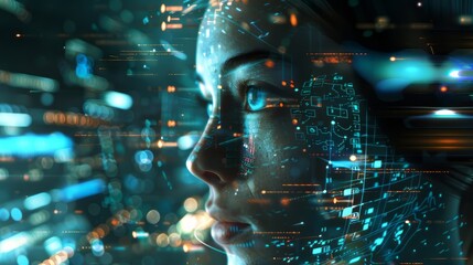 A woman's face is shown in a computer screen with a lot of lights and numbers. The image gives off a futuristic and technological vibe, with the woman's face being the main focus - obrazy, fototapety, plakaty