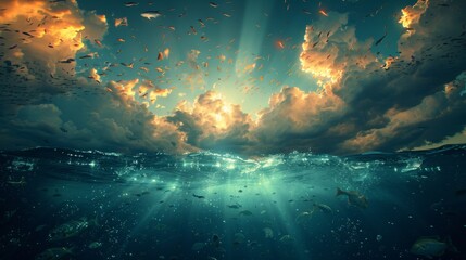 Unconventional beauty: Surreal composition featuring fish soaring through the celestial sky while birds gracefully swim beneath the water's surface.