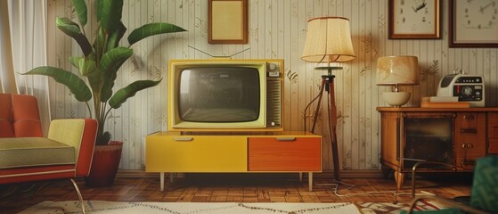 A retro-themed living room complete with a green-screen television, vintage furniture, and decorative elements, captured in warm, ambient lighting.