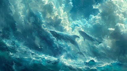 Dreamlike composition: Ethereal fish traversing the skies as avian creatures glide gracefully beneath the ocean waves. - obrazy, fototapety, plakaty