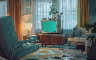 This scene captures a stylish retro TV set within a chic living space bathed in soft light, embodying a serene mid-century ambiance.