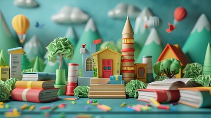 A 3D scene illustrating a students journey through different levels of education from primary school to university emphasizing the lifelong nature of learning