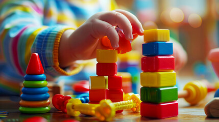 Child playing with colorful wooden building blocks. Early development and education concept