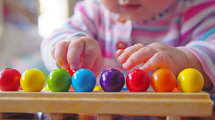 Cute baby girl playing with colorful wooden toys. Early development concept