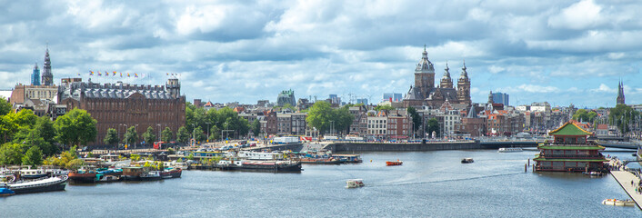 panoramic view of Amsterdam centre, cruise ships, Basilica of Saint Nicholas, Sea Palace Restaurant