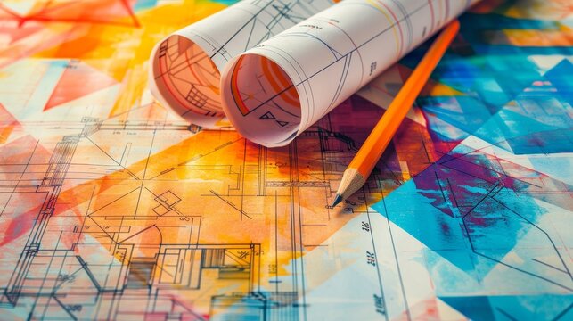 Architectural blueprint drawings merging with vibran  AI generated illustration