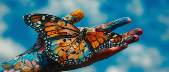 Hand and butterfly tattoo concept, blue sky, spiritual symbol of soul - obrazy, fototapety, plakaty