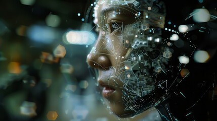 A woman's face is shown in a computer generated image. The face is made up of many small squares and circles, giving it a futuristic and artificial appearance