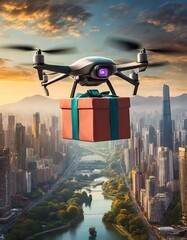 closeup of a drone delivering a gift flying over a city at night.