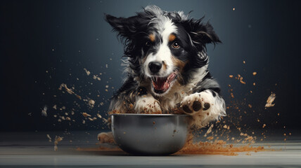 An energetic Border Collie eagerly digs into its meal, sending a dynamic spray of dog food flying against a dark background, in a snapshot full of motion and joy. - obrazy, fototapety, plakaty