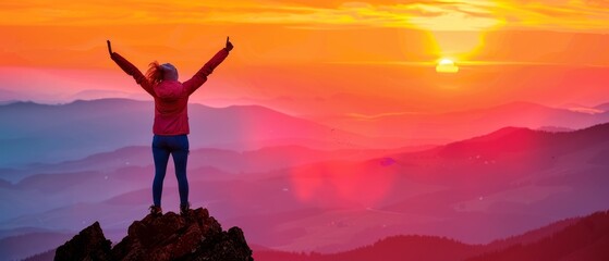 A woman, in celebration of reaching the summit of a mountain peak at sunset or sunrise, holds her arms high above her head in elation. - obrazy, fototapety, plakaty