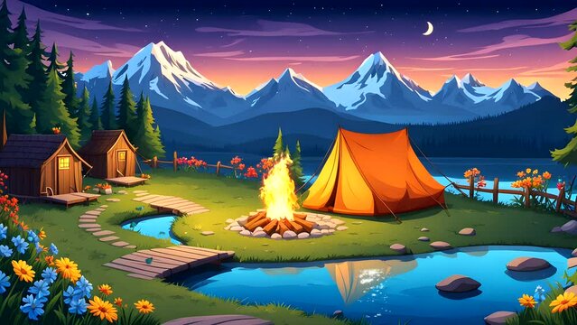 outdoor camping with mountains, tents and campfire with lake. Seamless looping 4k time-lapse video animation background