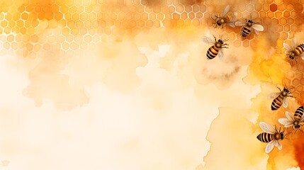 Honey bees in flight on a warm, abstract watercolor background. Artistic nature scene, serene and vibrant. Ideal for design and decor. AI - obrazy, fototapety, plakaty