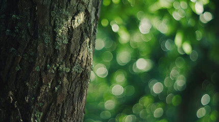 Spring concept background. Closeup view of real tree trunk isolated on green blurry natural leaves bokeh background. - obrazy, fototapety, plakaty