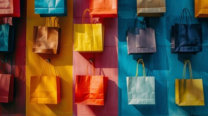 Colorful shopping bags arranged neatly on a wall  AI generated illustration