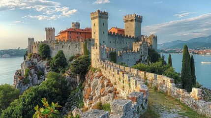 Medieval Castles: Photograph imposing castle structures, fortified walls, and majestic towers to depict medieval architecture  - obrazy, fototapety, plakaty