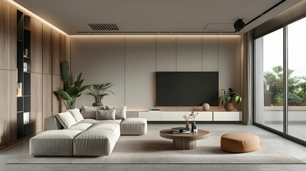 A sleek and modern living room design that boasts natural lighting, minimalist furniture, and a spacious layout, accentuating comfort and style.