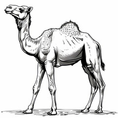 Intricate black and white illustration of a dromedary camel, depicted in profile.