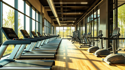 Modern gym interior with equipment. Fitness club with row of treadmills for fitness cardio training...