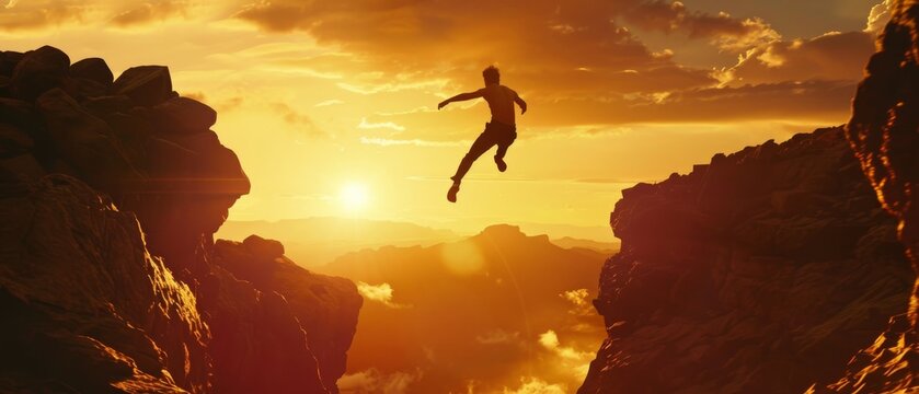 Jumping over precipice between two rocky mountains at sunset. Freedom, challenge, and success.