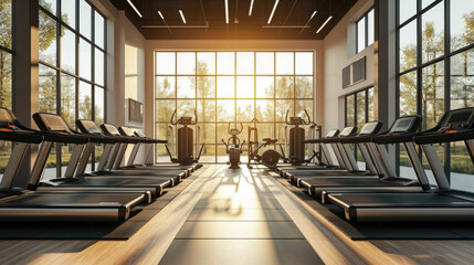 Modern gym interior with equipment. Fitness club with row of treadmills for fitness cardio training...