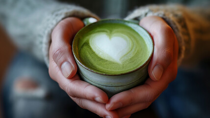 A close-up of green coffee matcha. Hands hold a ceramic cup with matcha green tea latte with foam art. The bokeh effect in the background.