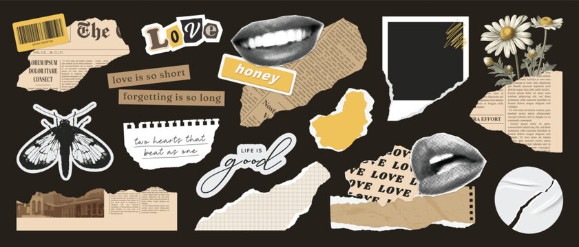 Set of paper cut elements, rip newspaper, collage mouth, scrap notebook sheets, retro gazette, torn photo card, barcode, wrinkled sticker, quotes. Modern collage vector set. Retro grunge stickers