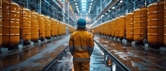 Worker inspects drums at chemical storage facility to ensure containment system integrity and maintain inventory records. Concept Chemical storage facility, Drum inspection, Containment system