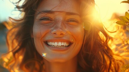 A beautiful woman laughing freely, closeup, photorealistic detail, vibrant and alive in the natural sunlight ,3DCG,high resulution,clean sharp focus