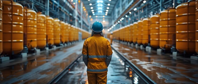 Worker inspects drums at chemical storage facility to ensure containment system integrity and maintain inventory records. Concept Chemical storage facility, Drum inspection, Containment system