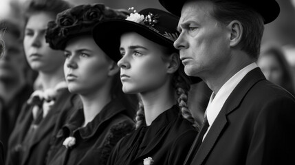 People in black suits on funeral.