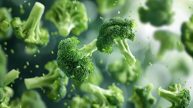 Fresh broccoli pieces floating in air with water droplets. Vibrant green vegetables in motion. Healthy eating concept for stock photos. AI