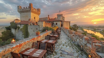 Medieval Castles: Photograph imposing castle structures, fortified walls, and majestic towers to depict medieval architecture  - obrazy, fototapety, plakaty
