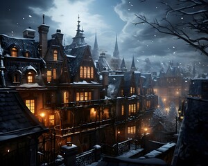 Snowy winter city panorama. Old european architecture. - Powered by Adobe