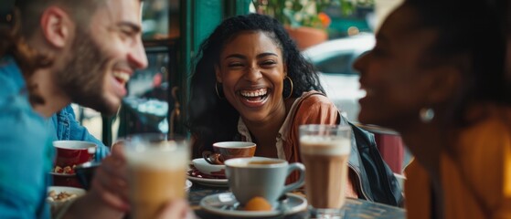 Drinking coffee with multi-racial friends, joking and talking at a cafe table, and spending time with multi-ethnic millennials in a coffee shop. - obrazy, fototapety, plakaty
