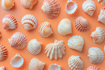 Assorted sea shells on vibrant orange background, top view flat lay composition with copy space